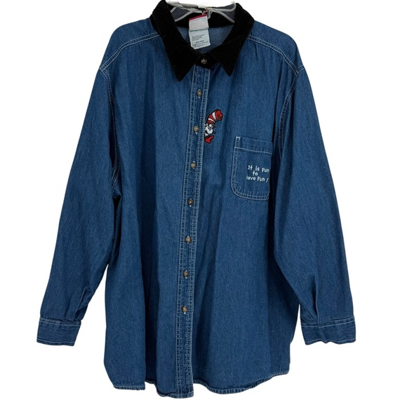 Dr. Seuss Brand Women’s Denim Shirt Button Up Cat-in-the-Hat Size 22/24W - Picture 1 of 9